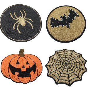 x4 Tahari Halloween Beaded Placemat Set Bat Pumpkin Spiderweb Spider Gold Black